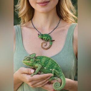 Cool, large chameleon, bright colors, rhinestones on rosary type chain NWOT